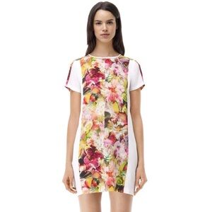 Club Monaco 100% Silk White Mini Dress with Multicolor Floral Panel